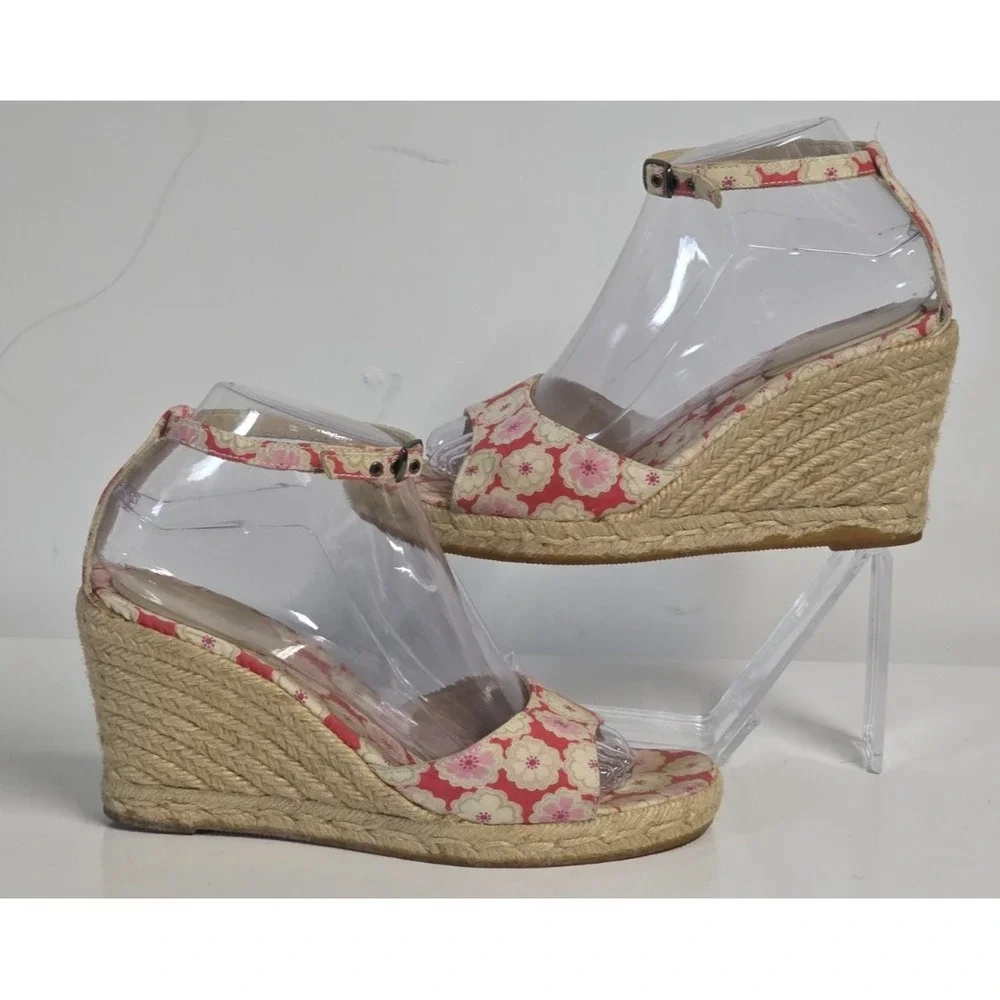 J Crew Womens 9 Espadrille Wedge Heels Floral Canvas Ankle Strap Sandals Pink